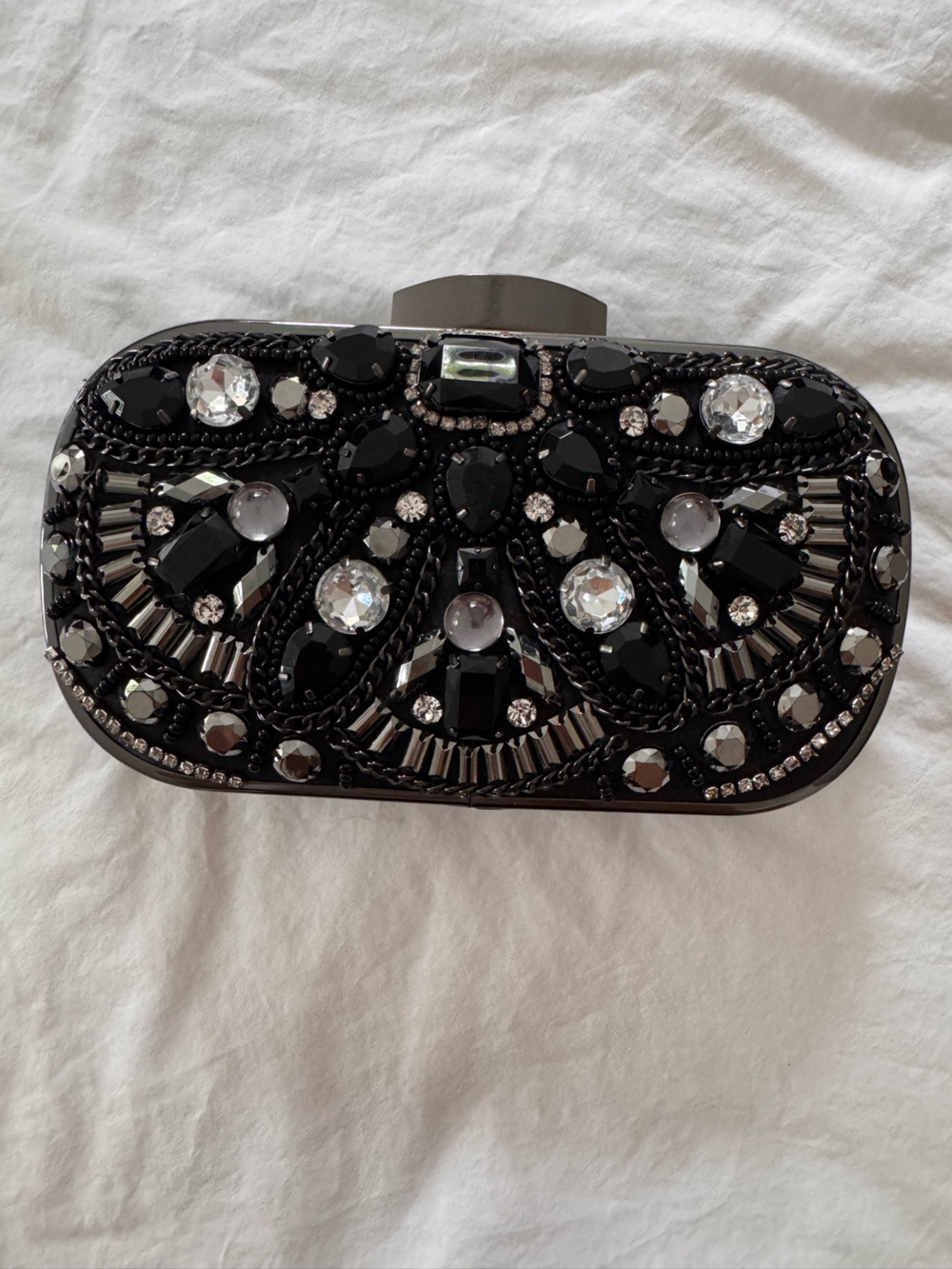 INC Embellished Black Jeweled Minaudière Clutch